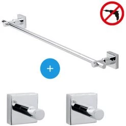 Tesa Hukk Set Barre Porte-serviette Murale + 2 Crochets Porte-serviette, Pose Facile Sans Perçage, Chrome (40250-TRIOTESA2)