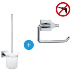 Tesa Hukk Set Dérouleur De Papier Toilette + Brosse WC Installation Murale, Pose Facile Sans Perçage, Chrome (40246-DUOTESA)