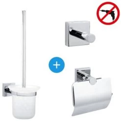 Tesa Hukk Set Dérouleur Avec Couvercle + Brosse WC + Crochet Porte-serviette, Pose Facile Sans Perçage, Chrome (40247-TRIOTESA)