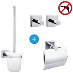 Tesa Hukk Set Dérouleur Avec Couvercle + Brosse WC + 2 Crochets Porte-serviette Pose Facile Sans Perçage Chrome 40247-QUADRIOTESA