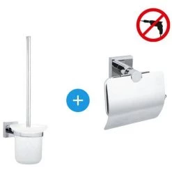 Tesa Hukk Set Dérouleur De Papier Avec Couvercle En Acier Inoxydable + Brosse WC, Pose Facile Sans Perçage, Chrome (40247-DUOTESA)