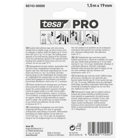 Tesa Mounting PRO Tapete & Putz 66743-00000-00 Ruban De Montage Blanc (L X L) 1.5 M X 19 Mm 1 Pc(s) 2 Tesa Mounting PRO Tapete & Putz 66743-00000-00 Ruban De Montage Blanc (L X L) 1.5 M X 19 Mm 1 Pc(s) – Image 2
