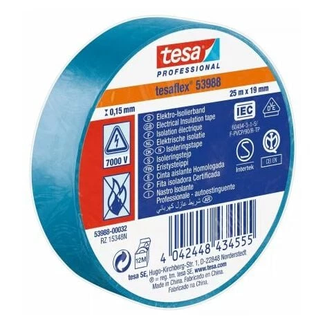 Ruban Isolant Tesa 53988 En PVC Bleu 25m X 19mm X 0.15mm ( Prix Pour 1 ) 1 Ruban Isolant Tesa 53988 En PVC Bleu 25m X 19mm X 0.15mm ( Prix Pour 1 )