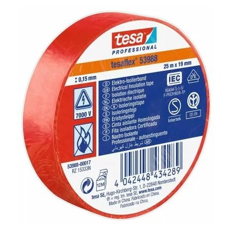 Ruban Isolant Tesa 53988 En PVC Rouge 25m X 19mm X 0.15mm ( Prix Pour 1 ) 1 Ruban Isolant Tesa 53988 En PVC Rouge 25m X 19mm X 0.15mm ( Prix Pour 1 )